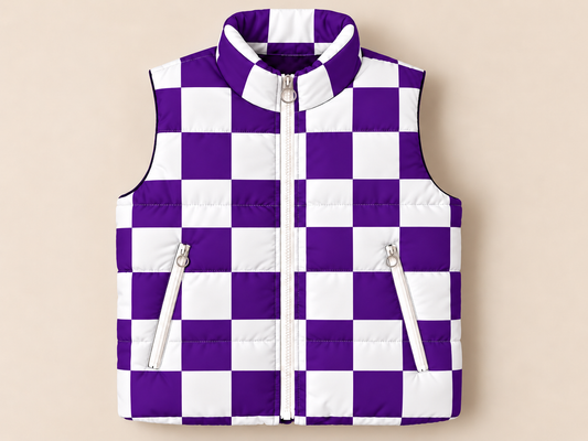 Purple & White Checkered Puffer Vest - PREORDER