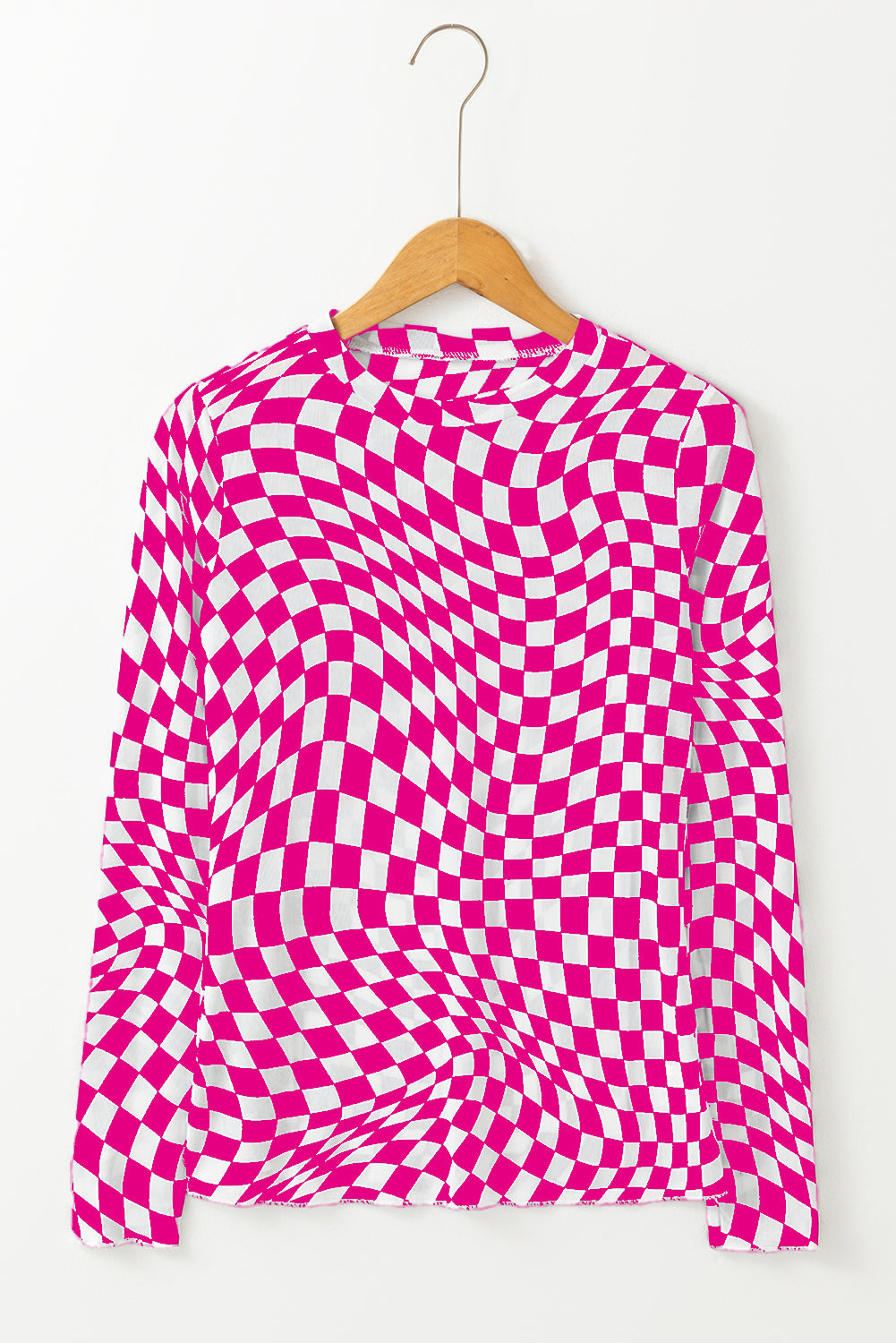 Black Checkered Mesh Mock Neck Long Sleeve Top