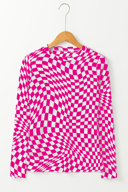 Black Checkered Mesh Mock Neck Long Sleeve Top
