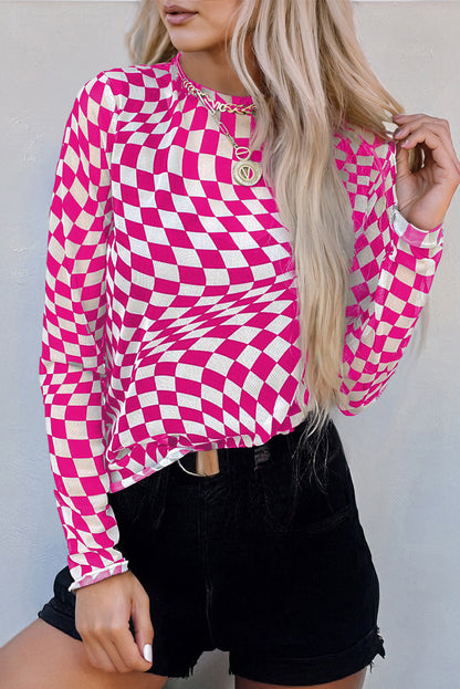 Black Checkered Mesh Mock Neck Long Sleeve Top