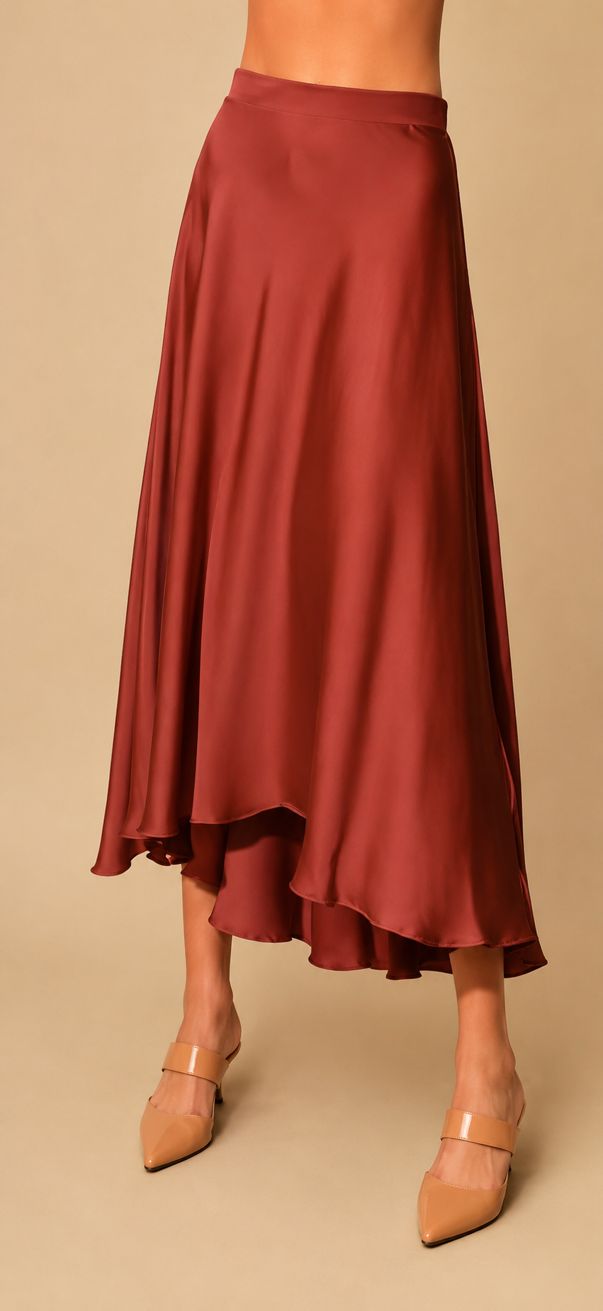 Washed Poly Silk Midi Swing Skirt
