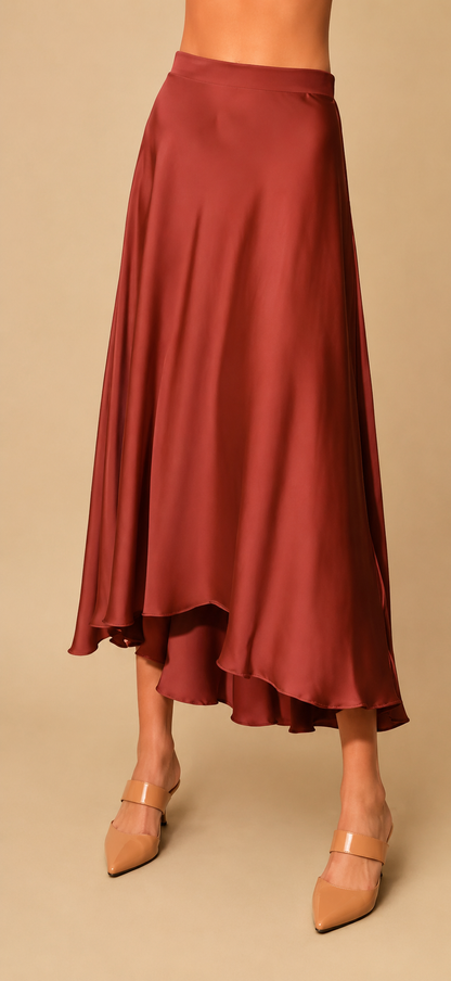 Washed Poly Silk Midi Swing Skirt