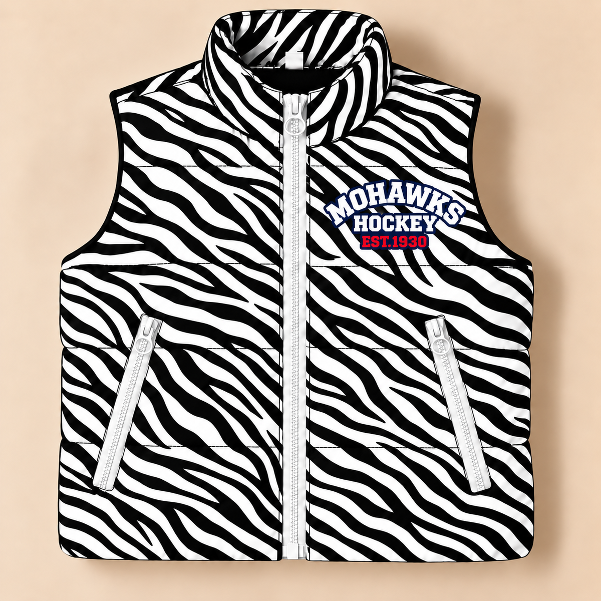 Mohawks Hockey Zebra Puffer Vest - PREORDER