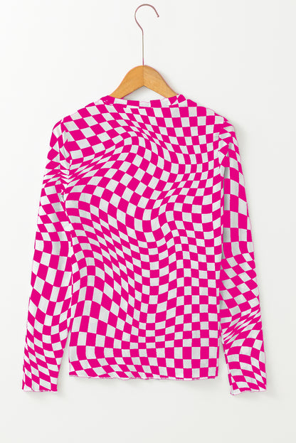 Black Checkered Mesh Mock Neck Long Sleeve Top