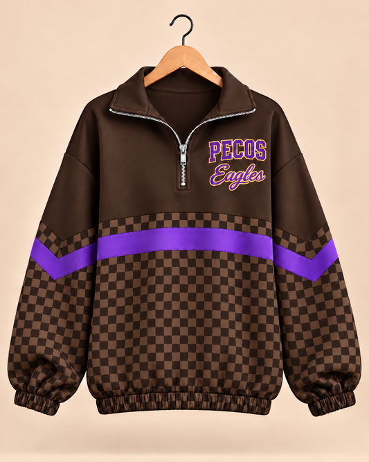 Pecos Brown Checkered Scuba Knit Pullover