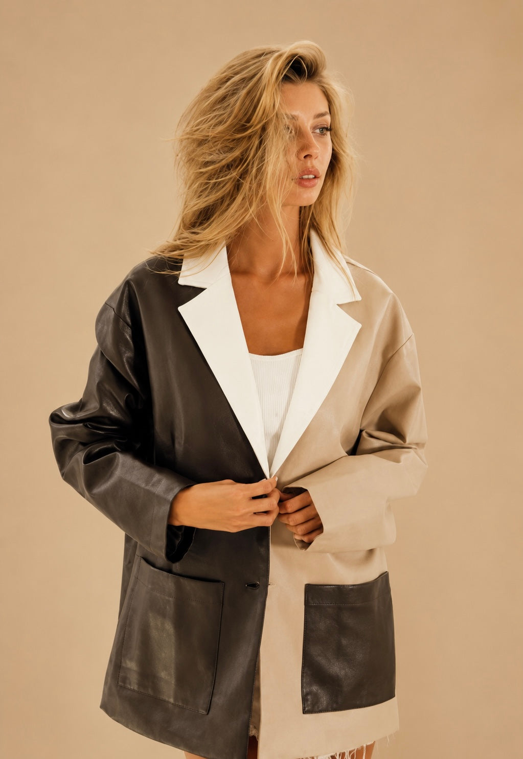 Bossy Faux Leather Color Block Blazer