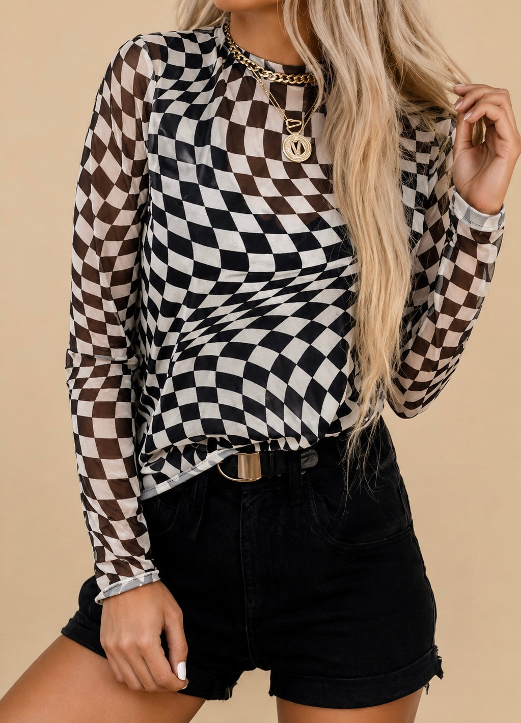 Sweetly Checkered Mesh Mock Neck Long Sleeve Top