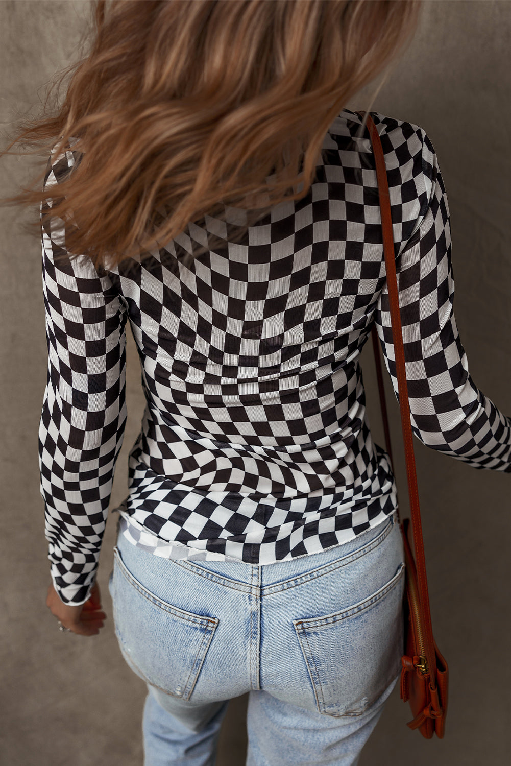Black Checkered Mesh Mock Neck Long Sleeve Top