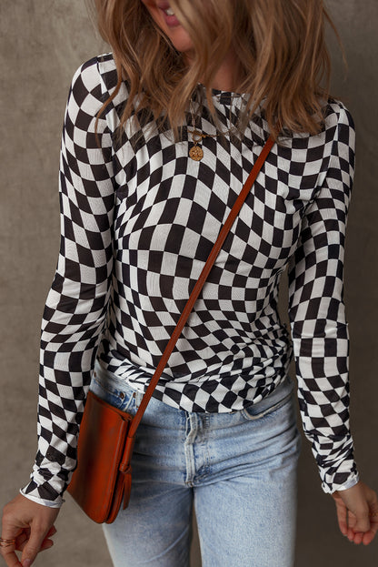 Black Checkered Mesh Mock Neck Long Sleeve Top